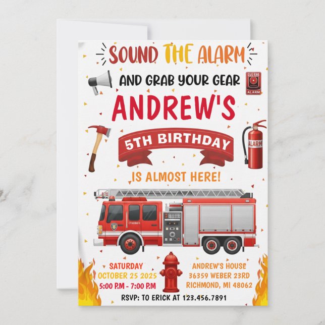Personal Modern Firetruck Birthday  Invitation (Front)