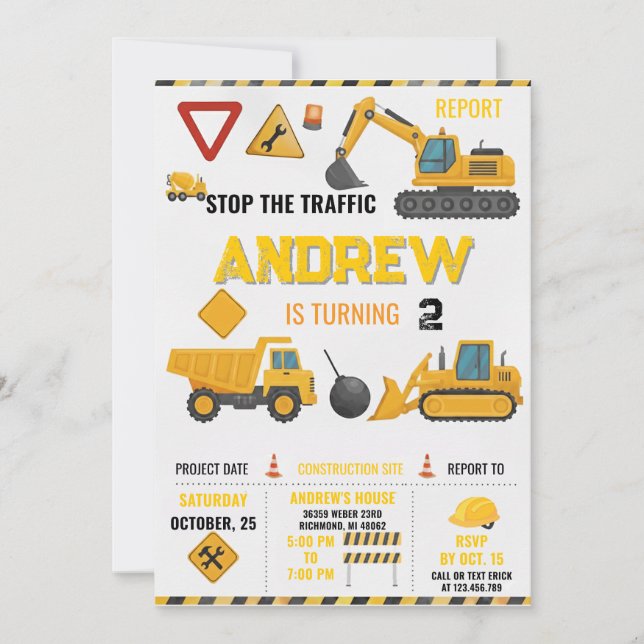 Personal Modern Kids' Construction Birthday Party Invitation (Front)