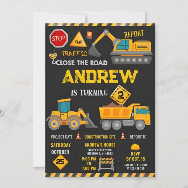 Personal Modern Kids' Construction Birthday Party  Invitation (Front)