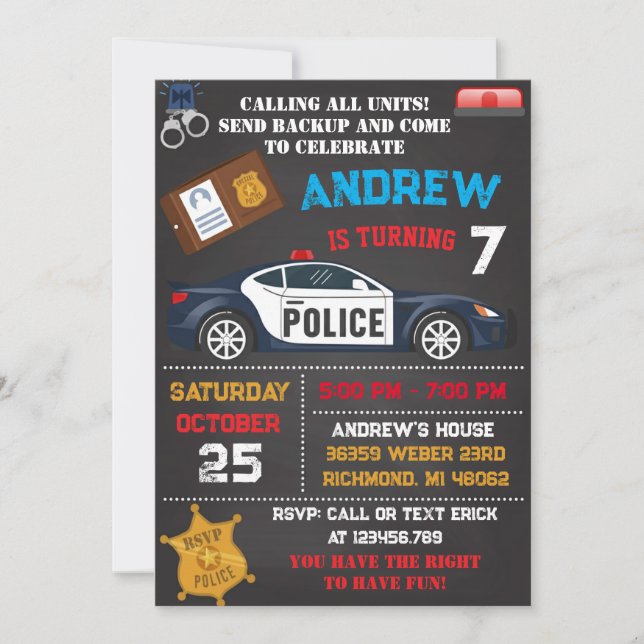 Personal Modern Kids' Police Theme Birthday  Invitation (Front)