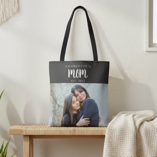 Personal Mom Established from Child Photo Name Tote Bag (modern minimal black tote bag gift for mothers day from kids teen to mom with name and year est.)
