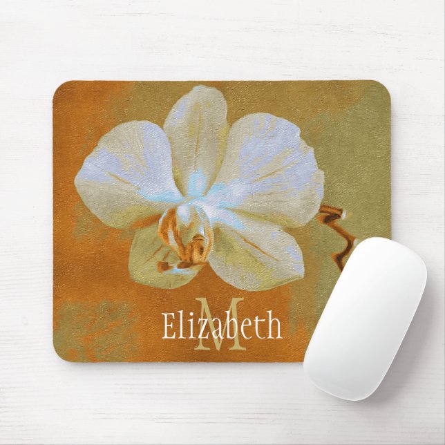 Personal Monogram White Orchid Golden Green Back Mouse Pad (With Mouse)