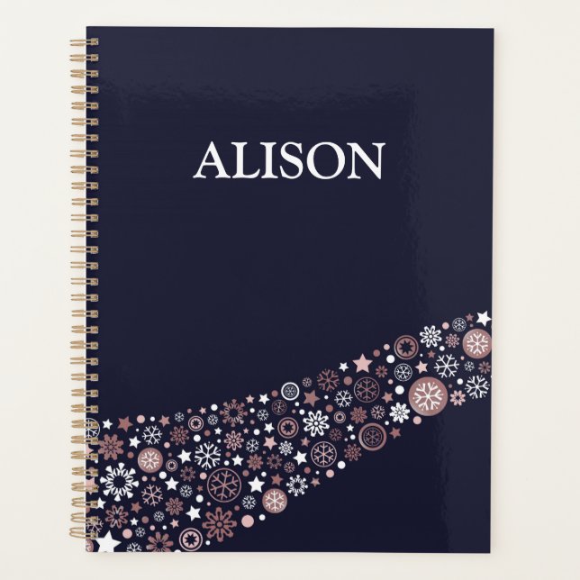 Personal name christmas winter pink snowflakes planner (Front)