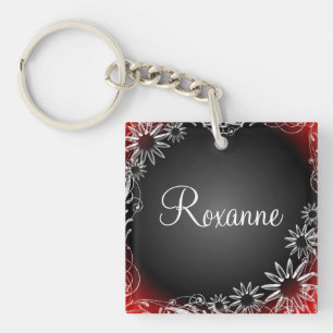 Personal name daisy floral red black keychain