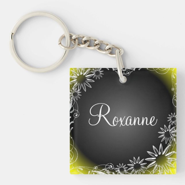 Personal name daisy floral yellow black keychain (Front)