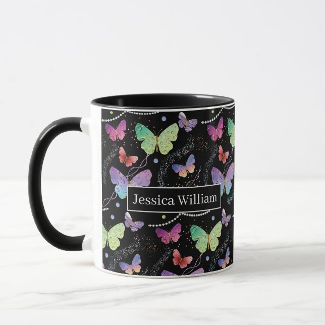 Personal Name Elegant Purple Bright Butterflies    Mug (Left)