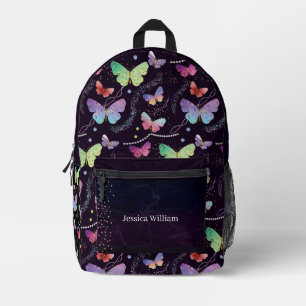 Personal Name Elegant Purple Bright Butterflies Printed Backpack