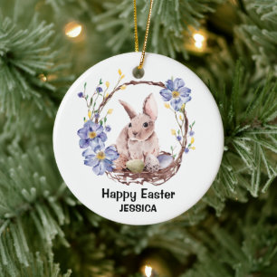 Personal Name Funny Bunny Happy Easter   Ceramic Tree Decoration