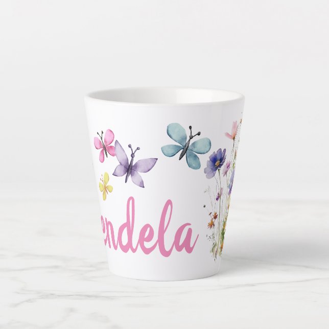 Personal name with  wild flowers and butterflies latte mug (Front)