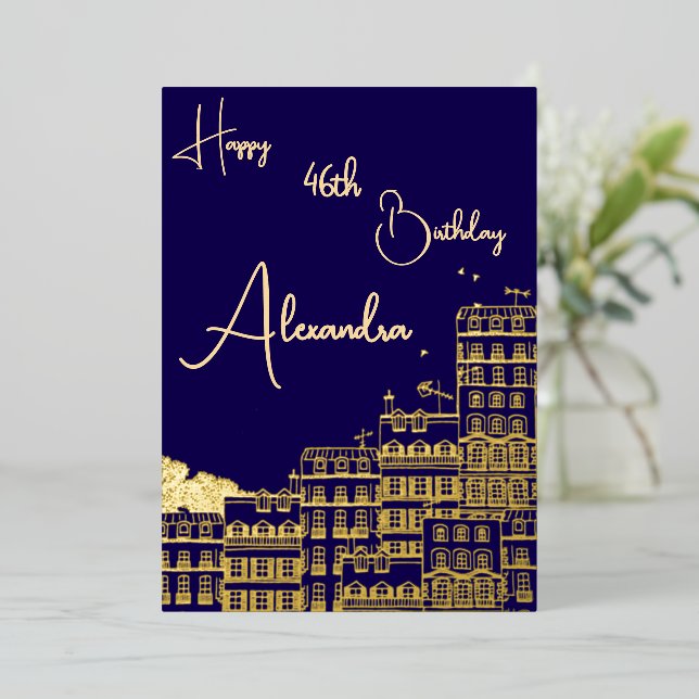 Personal Navy & Gold Named & Aged Birthday Card (Standing Front)