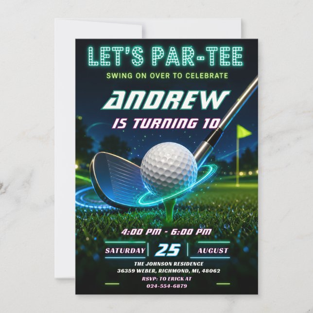 Personal Neon Golf Birthday Invitation (Front)