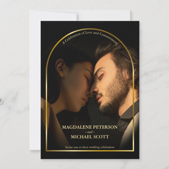 Personal Photo Gold Arch Frame Black Wedding Invitation (Front)