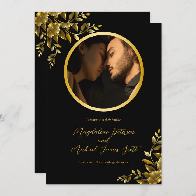Personal Photo Gold Circle Frame on Black Wedding Invitation (Front/Back)