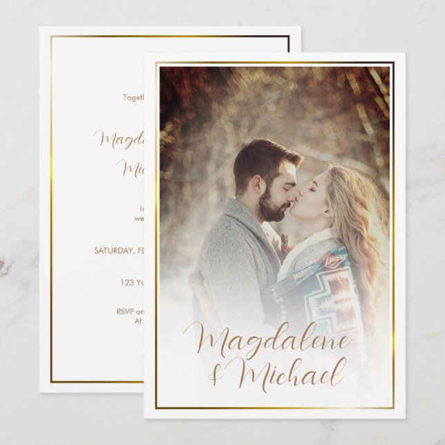 Personal Photo Gold Frame | Typography Wedding Invitation (Front/Back)