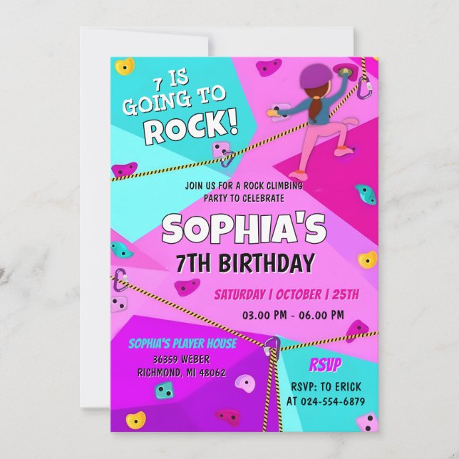 Personal Pink Rock Climbing Birthday Invitation (Front)