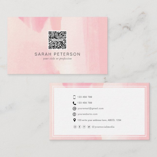 Personal QR code stylish abstract blush watercolor Business Card (Front/Back)