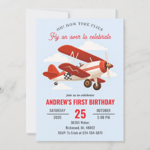 Personal red Airplane 1st Birthday party Invitation