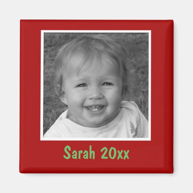 Personal Red Greeting Custom Photo and Text Magnet (Front)