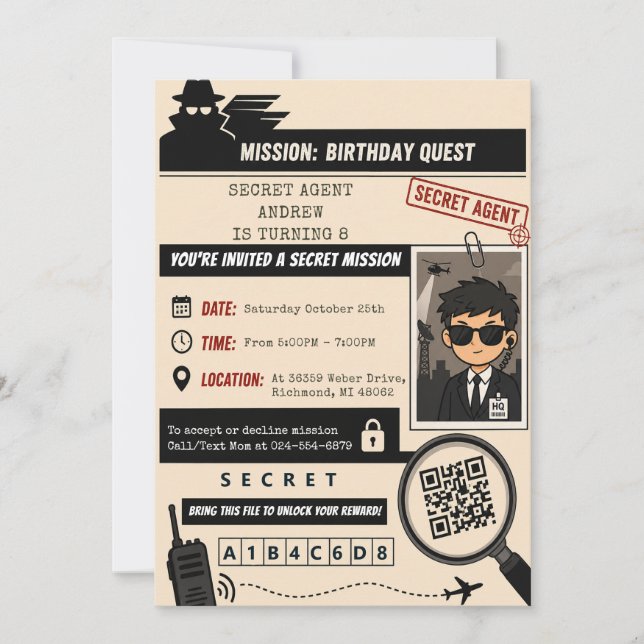 Personal Secret Agent Spy Birthday Invitation (Front)