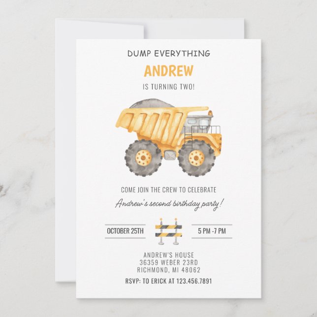 Personal Simple Modern Construction Birthday Invitation (Front)