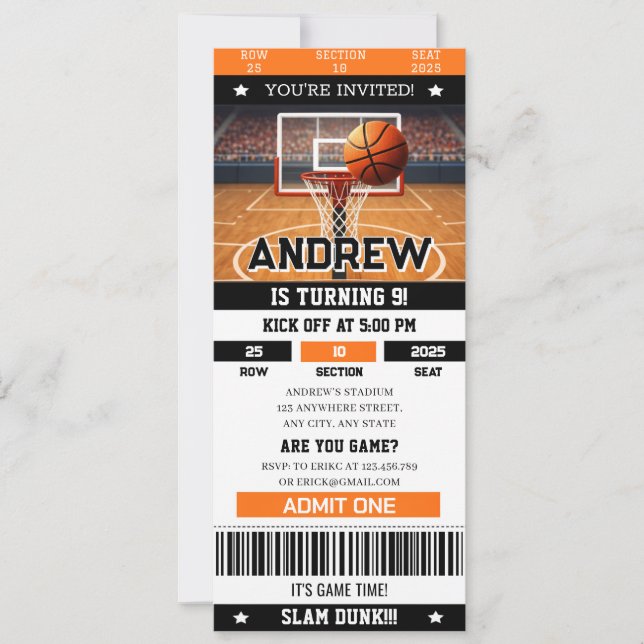 Personal Slam Dunk Birthday Bash Sports Ticket  Invitation (Front)
