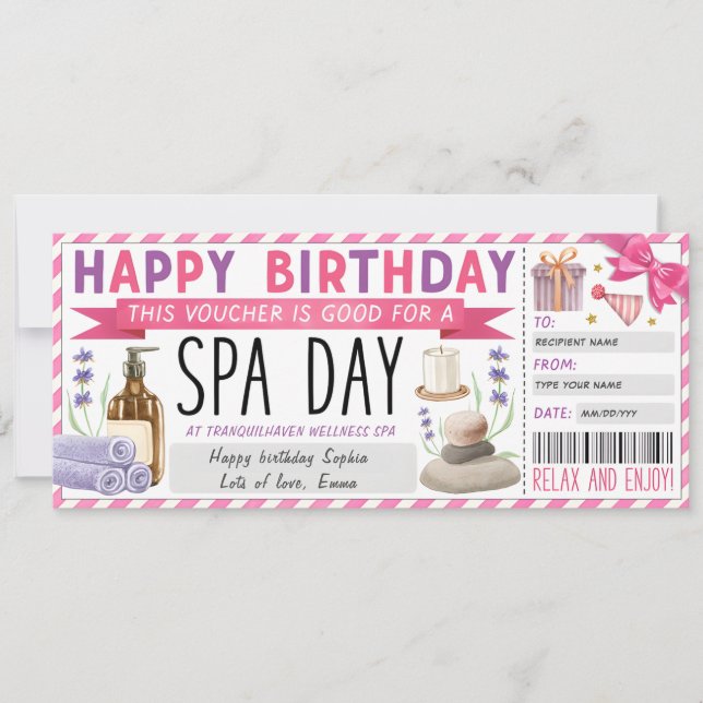 Personal Spa Day Gift Voucher Ticket Invitation (Front)