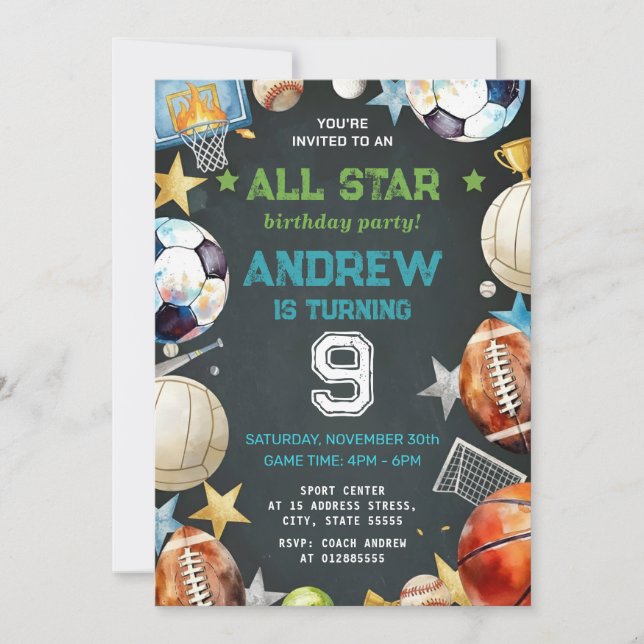 Personal Sports Birthday Printable Invitation (Front)