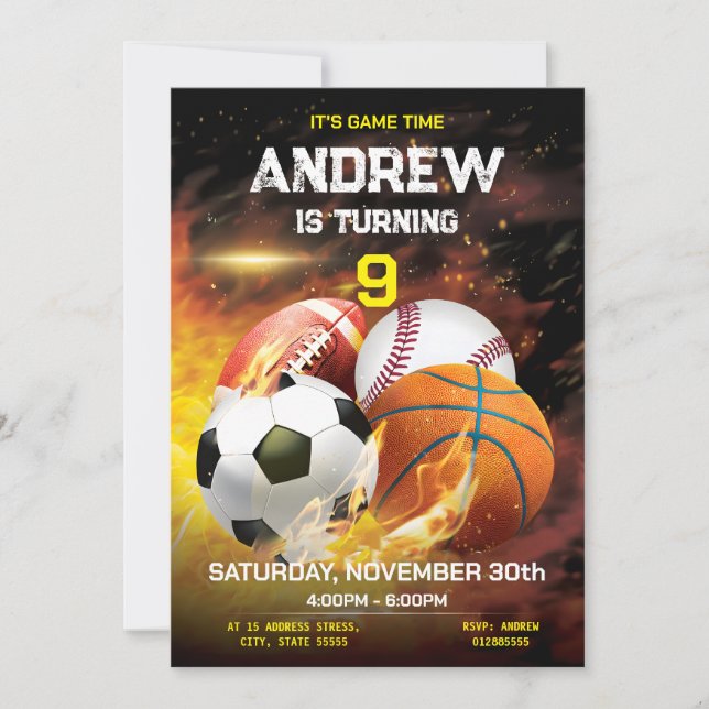 Personal Sports Birthday Printable Invitation (Front)