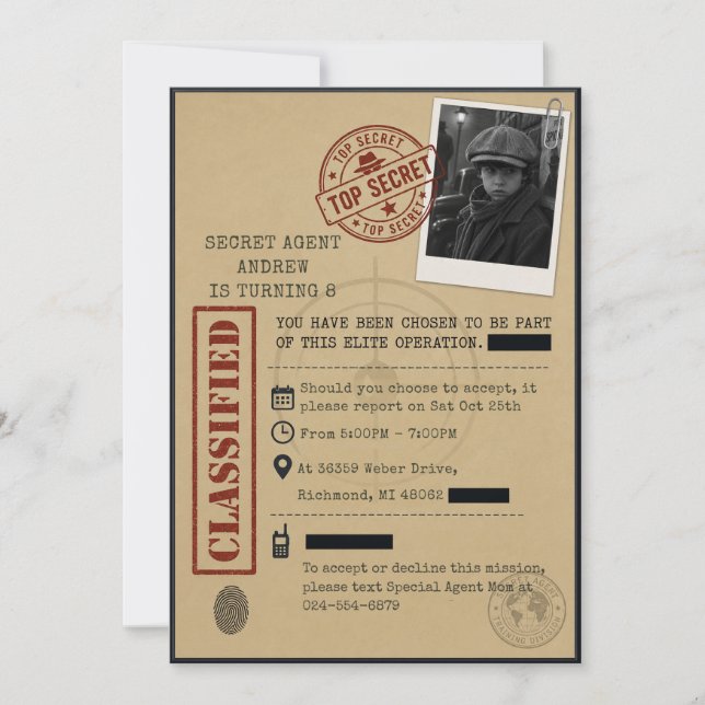 Personal Spy File with imgage Birthday Invitation (Front)