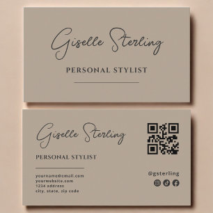Personal Stylist Neutral Taupe Script QR Code Business Card