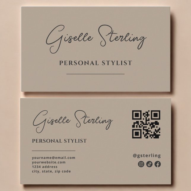 Personal Stylist Neutral Taupe Script QR Code Business Card (Creator Uploaded)