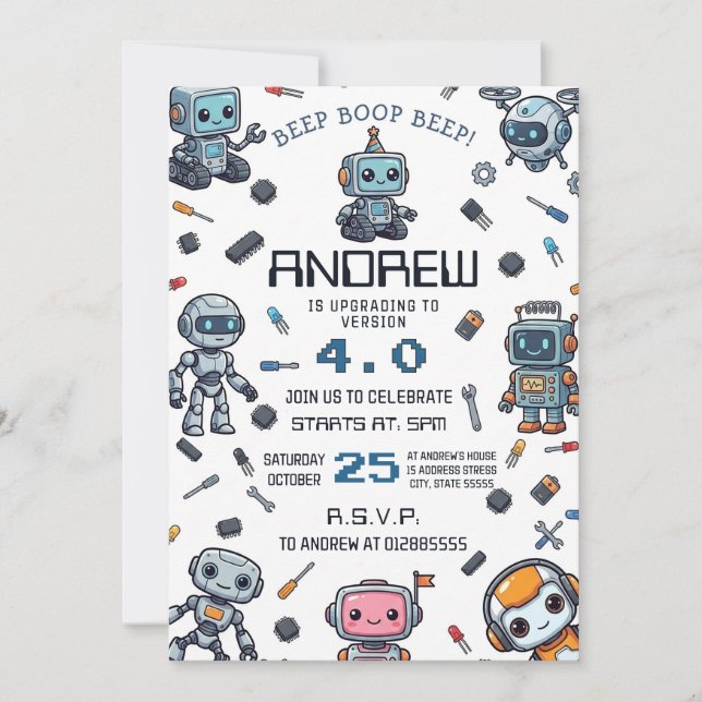 Personal Tech Robot Birthday Party Invitation (Front)