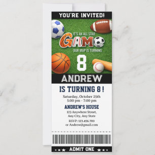 Personal THEME All Star Sports Ticket Birthday Invitation