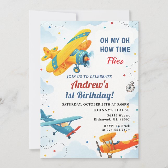 Personal Time Flies 1st Birthday for baby kid Invitation (Front)