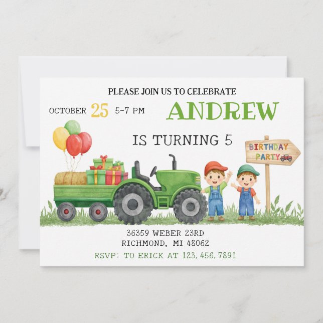 Personal Tractor Birthday Invitation (Front)
