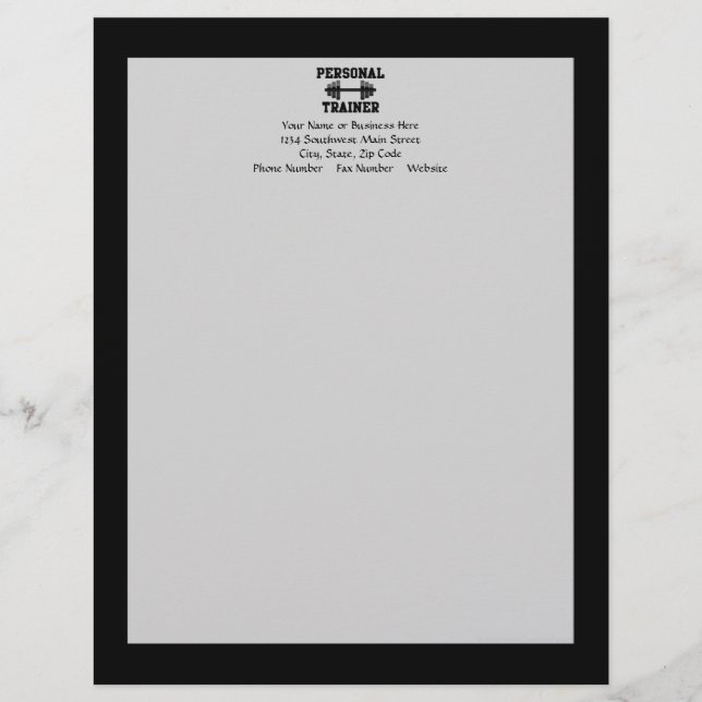Personal Trainer Black and White Dumbell Training Letterhead Template (Front)