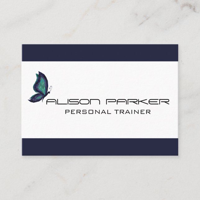 Personal trainer blue modern butterfly geometric business card (Front)