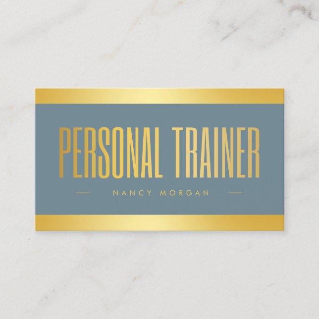 Personal Trainer Dusty Blue And Gold  Business Card (Front)
