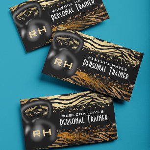 Personal Trainer Girly Black & Gold Tiger Print Business Card