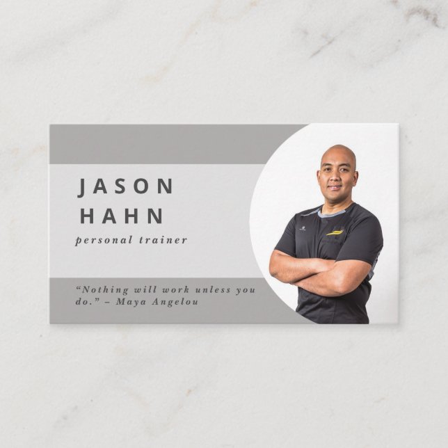 personal trainer grey photo business card (Front)