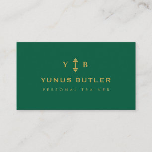 Personal Trainer Monogram Dumbbell Emerald Green Business Card