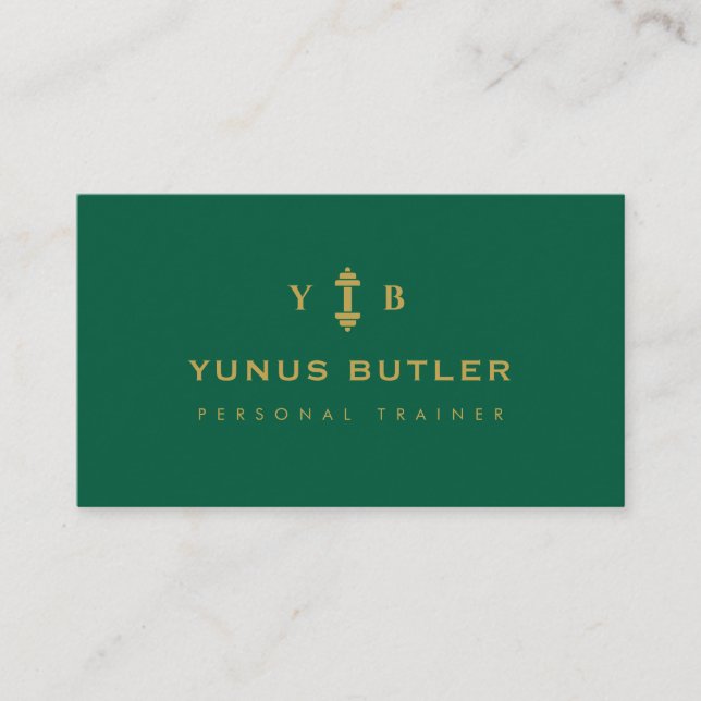 Personal Trainer Monogram Dumbbell Emerald Green Business Card (Front)