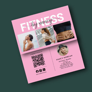 Personal Trainer Pink 3 Photo Grid QR Code Business Card