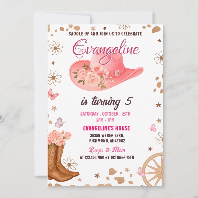 Personal Watercolor Pink Cowgirl Western Birthday Invitation (Front)