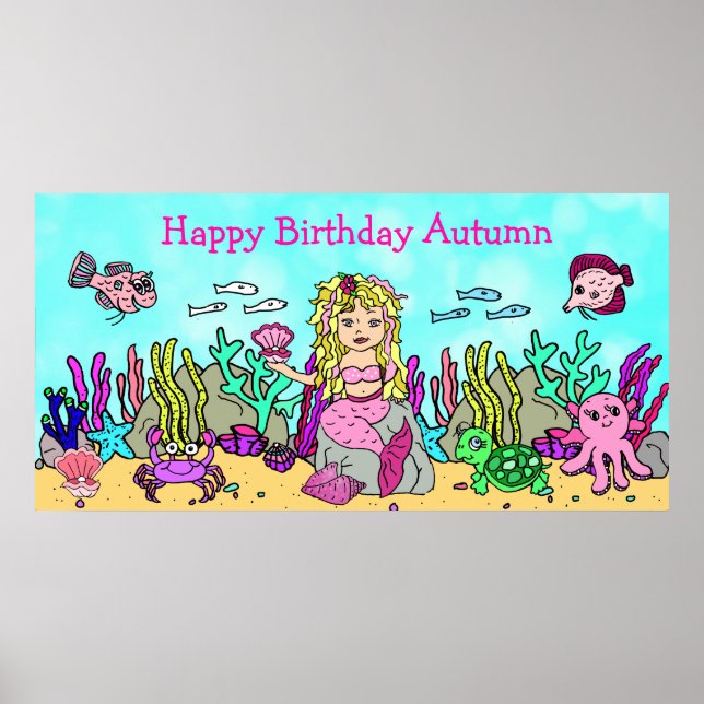 Personalied Happy Birthday Mermaid Poster (Front)