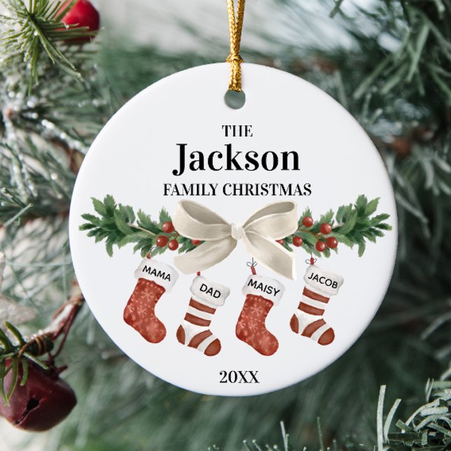 Personalisable Family Of 4 Christmas Stocking Ceramic Tree Decoration (Creator Uploaded)