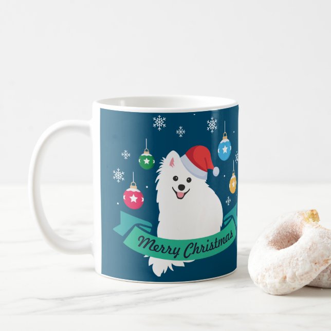 Personalisable Japanese Spitz Dog Merry Christmas Coffee Mug (With Donut)