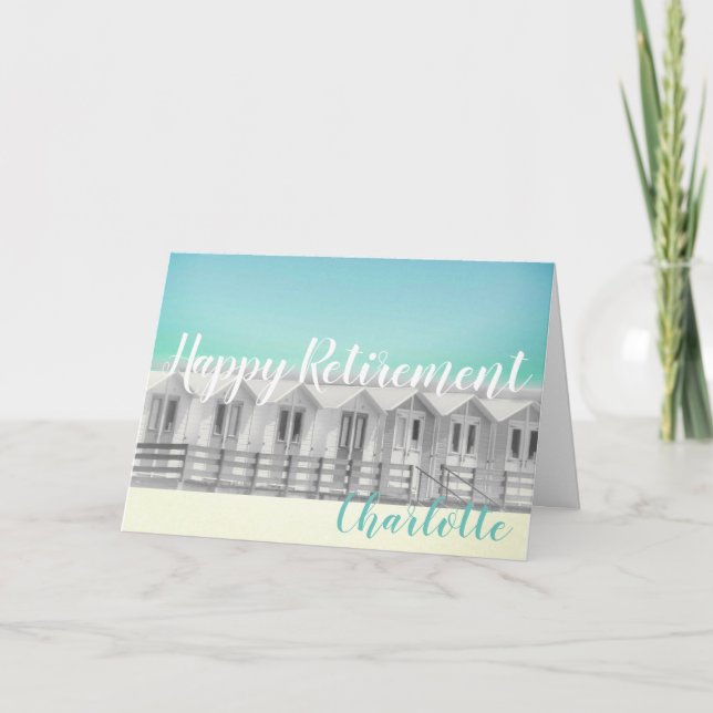 Personalisable retirement beach hut seaside card (Front)