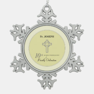 Personalise, 10th Anniversary of Priest Embossed Snowflake Pewter Christmas Ornament