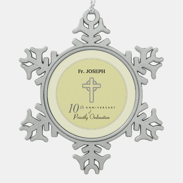 Personalise, 10th Anniversary of Priest Embossed Snowflake Pewter Christmas Ornament (Front)